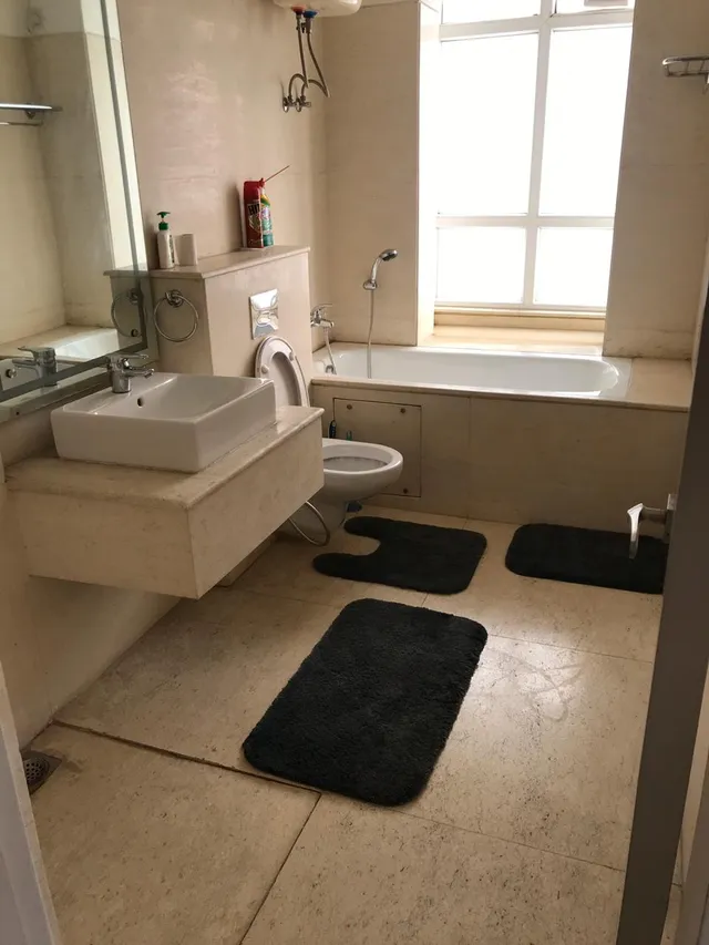 Luxury master bathroom with premium vanity and soaking tub at DLF The Pinnacle.- The Soni Landbase