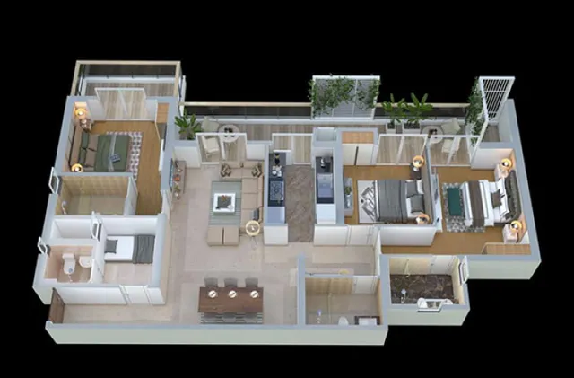 3D floor plan of a spacious 4 BHK luxury apartment at DLF The Arbour with functional layout- The Soni Landbase